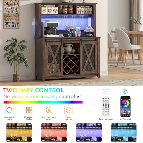 Image of 47 inchWide 56 inchH Farmhouse Coffee Bar Cabinet with Power Outlet and LED Light,Wine Bar Cabinet w /3 Storage Hutch,Kitchen Buffet Cabinet with 10 Wine and Glass Racks for Kitchen Dining Room(Brown)