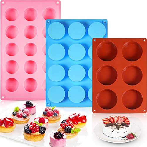 3 Pieces Valentine's Day Round Chocolate Cookie Molds Set, 15 Holes Cylinder Silicone Mold, 6 Holes Silicone Baking Mold and 12 Cavity Cupcake Making Moulds for Round Cylinder Candy Cake Handmade Tool
