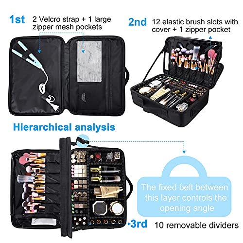 Jourmon Makeup Case Travel Makeup Train Case Organizer Cosmetic Bag Portable With Adjustable Dividers And Shoulder Strap For Makeup Brushes Toiletry Travel Accessories(Pure Black, L) #TOP2