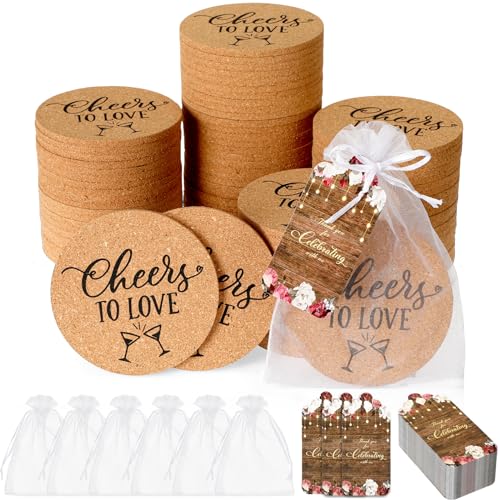 Domensi 100 Set Wedding Favors for Guest Cork Coaster Bulk Cheers to Love Round Cork Coaster with...