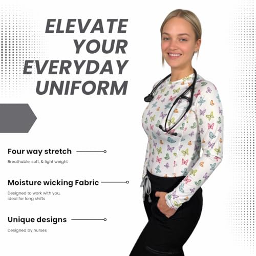 Women’s Athletic Underscrub Top – Long Sleeve, Base Layer, Multicolor Designs, Breathable, Stretch Fabric.4