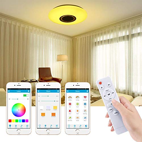 Lámpara de Techo LED con Altavoz Bluetooth de 36/60W, 40cm, APP para Teléfono Móvil, Moderna Lámpara de Techo Regulable Empotrable, Cambio de Color RGB con Mando A Distancia para Salón (16inch 36w)