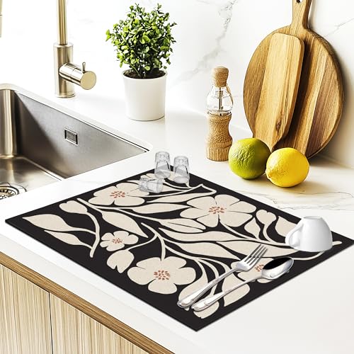 JFFTLL Boho Black and Beige Flower Dish Drying Mat, Abstract Floral Botanical Absorbent Dish Drainer Reusable Washable Drying Mat Pad for Kitchen Counter, Boho Kitchen Decor, 12×15 Inch
