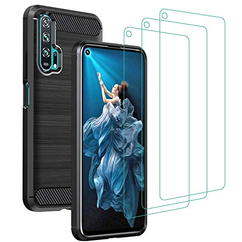ivoler Funda para Huawei Nova 5T / Honor 20 / Honor 20 Pro + 3 Unidades Cristal Templado, Fibra de Carbono Negro TPU Suave de Silicona Carcasa Caso y Vidrio Templado Protector de Pantalla