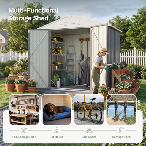 Image of Devoko 6 x 4 FT Storage Sheds with Floor Frame, Waterproof Garden Tool Shed with Lockable Door, Outdoor Metal Utility Shed for Backyard Patio Lawn, Gray