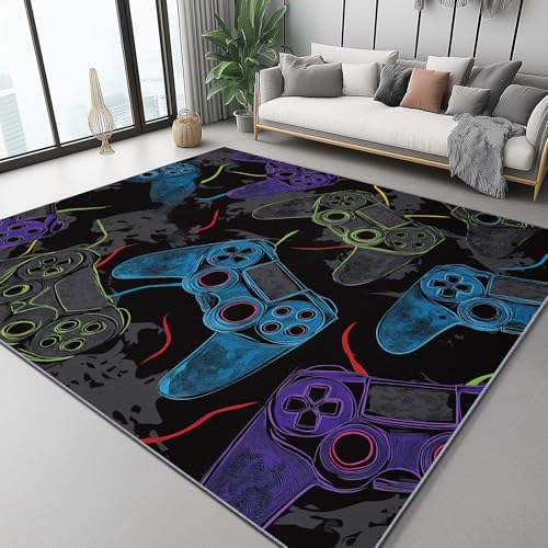 para salón, El Juego maneja la Tendencia de Las líneas de neón Alfombra Pelo Corto Salon Moderna 90 x 150 cm Antideslizante, Fina, Lavable, Plegable, para Interior, Oficina, Color Negro Fluorescente