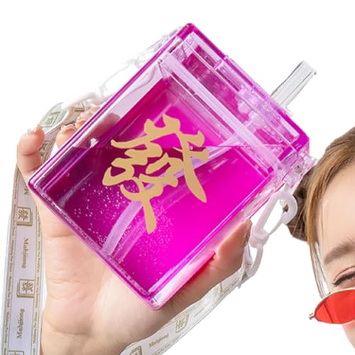 Botella deportiva con pajita, taza de agua - Creativas botellas de agua deportivas rectangulares transparentes - Accesorio divertido rectangular portátil, 500 ml, para escuela, hogar, senderismo,