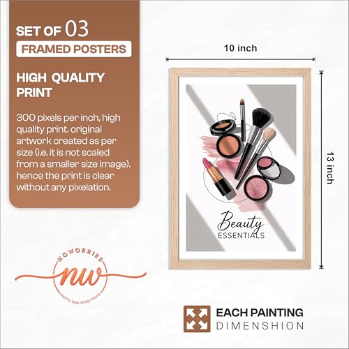 Image of NoWorries inchPink Fashion Wall Art Framed Painting Set of 3 | Perfume Bottle, Makeup Essentials & High Heel Illustration Posters with Frame | Glam Beauty Decor Frames for Bedroom, Vanity, Salon, Girls Room | Modern Chic Framed Wall Art (Art-17, 10x13inch, Wooden)