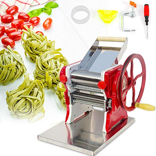 Manual Pasta Makers Stainless Steel Fresh Pasta Maker for Homemade Noodle Pasta Machine Noodles Maker Sturdy Noodles Cutter for Dough, Wide Noodles, Fine Noodles, Lasagna or Dumpling Skins (Red)