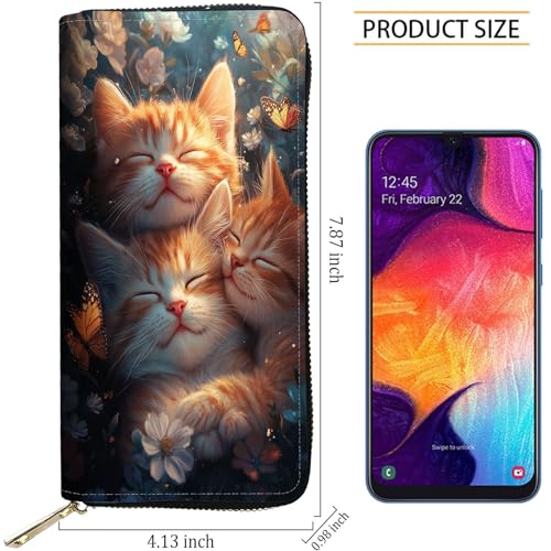 Image of RFID Blocking Leather Wallet for Women - Large Capacity Zip Around Clutch with 8 Card Slots,16 Cash Pockets & Coin Zipper,Cat and Butterfly
