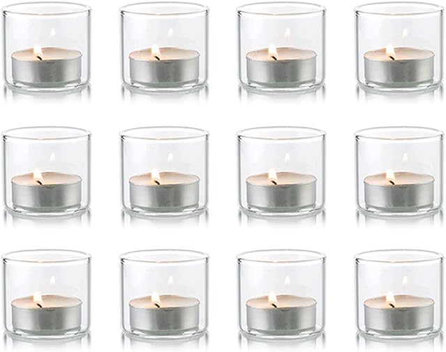 NUPTIO Clear Glass Votive Candle Holders, Set of 12 Mini Tealight Holder, Candle Tea Light Holders, 4.6cm W x 4cm H, Christmas Candle Holder Decorations, Votive Holders for Wedding Party Halloween