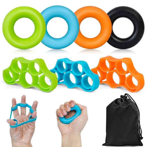 RAFIYU 7 Stück Handgriff Trainer, Hand Finger Grip Strengthener, Silikon Handgriffstärker Trainer 30/40/50/60LB, Fingertrainer Ringe für Muskeltraining Sport Fitness, Klettern, Stress Relief