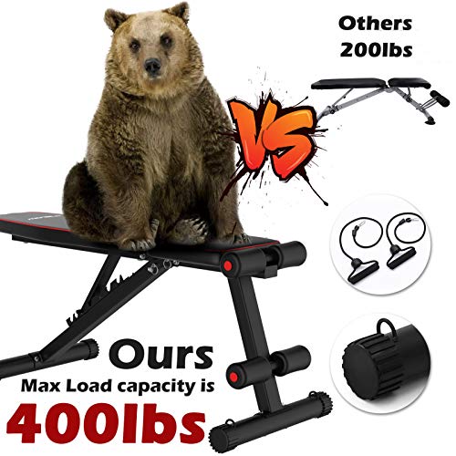 MCNBLK Adjustable Weight Bench 400lbs Capacity, Incline Decline Weight Lifting Workout Bench Home Gym, Multi-Position Utility Bench for Full Body Workout, Folding Dumbbells Bench with Elastic Ropes