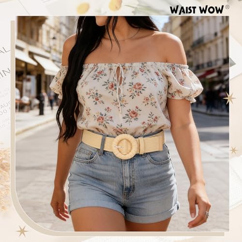 Image of Straw Woven Elastic Belt for Women Stretchy Belts for Dress Fashion Boho Waist Belt Rattan Raffia Ladies Belts