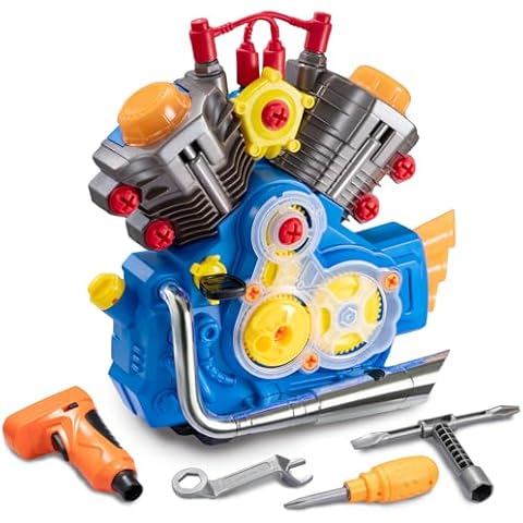 POFJOEQ Engine Building Kit, Kids Mechanic Repair Set for Kids Motorcycle Engine，Take Apart Toys-42pc Playset，STEM Engine Model Kit Toy with Cool Lights&Sounds，Educational Toys for 3+ Year Old (Blue) Cover