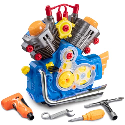 POFJOEQ Engine Building Kit, Kids Mechanic Repair Set for Kids Motorcycle Engine?Take Apart Toys-42pc Playset?STEM Engine Model Kit Toy with Cool Lights&Sounds?Educational Toys for 3+ Year Old (Blue)