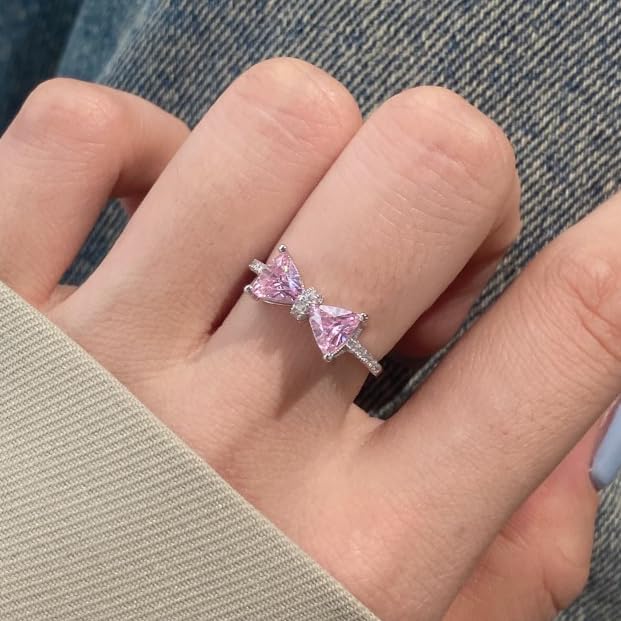 Pink Bow Ring Crystal Bowknot Ring for Women S925 Sterling Silver Cubic Zirconia Forever Love Knot Promise Ring CZ Eternity Wedding Stacking Bands Birthday Jewelry Gifts for Mom Daughter Wedding Valentine's Day Jewelry Size 6-8 - Image 2