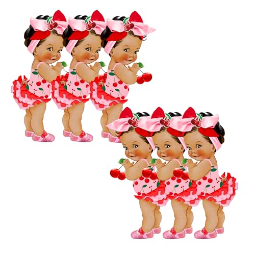 Girl Paper Cutouts Fruit Theme African American Baby Shower Birthday Decoration One Sided Print (Brunette Pink Cherry Girl, 10 inches - 6pcs)