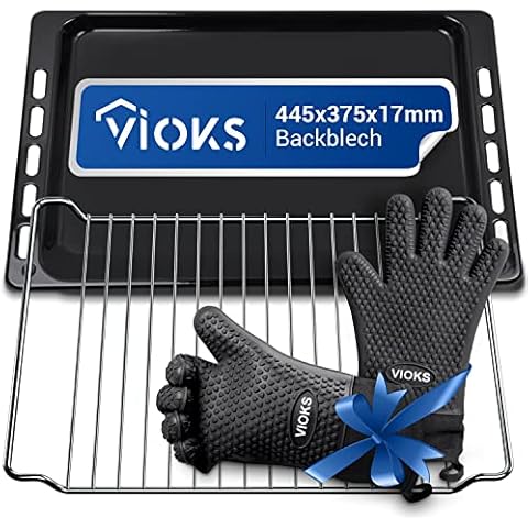 VIOKS Email Backblech 445x375x17 cm mit Grillrost Edelstahl 448x340x20 cm Ersatz für Bauknecht 481241838128 Set mit 2x Ofenhandschuhe Silikon Cover