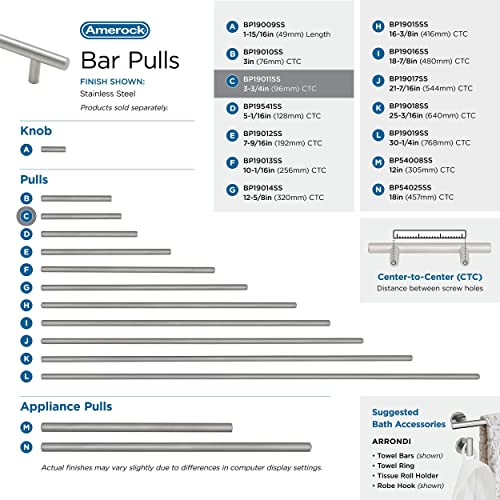 Image of Amerock 3-3 /4 inch Bar Pulls Stainless Steel Drawer Pull | 3-3 /4 inch (96mm) Center-to-Center Mounting Distance and 6-1 /8 inch Overall Length, Durable Stainless Steel Cabinet Hardware
