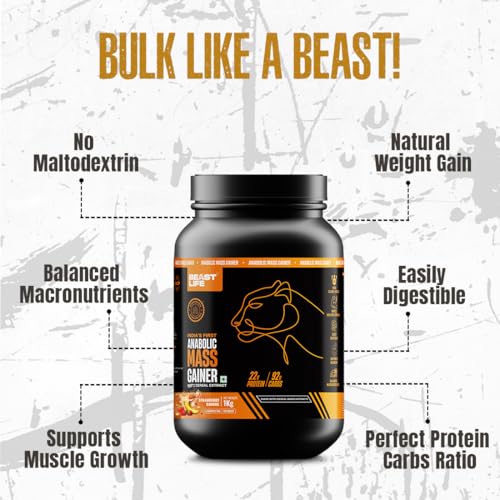 Image of BeastLife High Protein Mass /Weight Gainer | 1 KG | Strawberry Banana | NABL LAB Tested | For Muscle Gain & Fast Growth | Cereal-Based Formula, No Maltodextrin | India's #1 Cereal Based Bulk Gainer