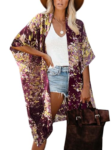 Image of Spicy Sandia Kimonos for Women Floral Beach Cover Up Loose Swimsuit Bathing Suit Coverup Cardigan for Summer Swimwear