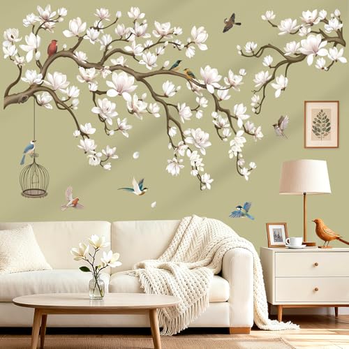 wondever Stickers Muraux Fleurs Magnolia Autocollants Muraux Stickers Mural Branche de Floral Blanc Oiseaux pour Chambre Adulte Salon Bureau Mur TV
