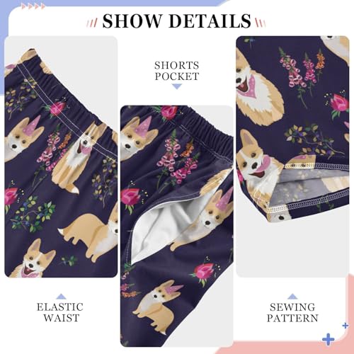 Corgi Dog Rose Floral Boys Long Pants Soft Trousers Elastic Waist Kids Lounge Bottoms with Pockets S-XL4