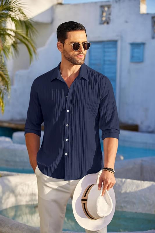 Image of FINIVO FASHION Men's Casual Cotton Polyester Blend Plain Button Down Shirt Long Sleeve Textured Summer Beach Shirt for Men