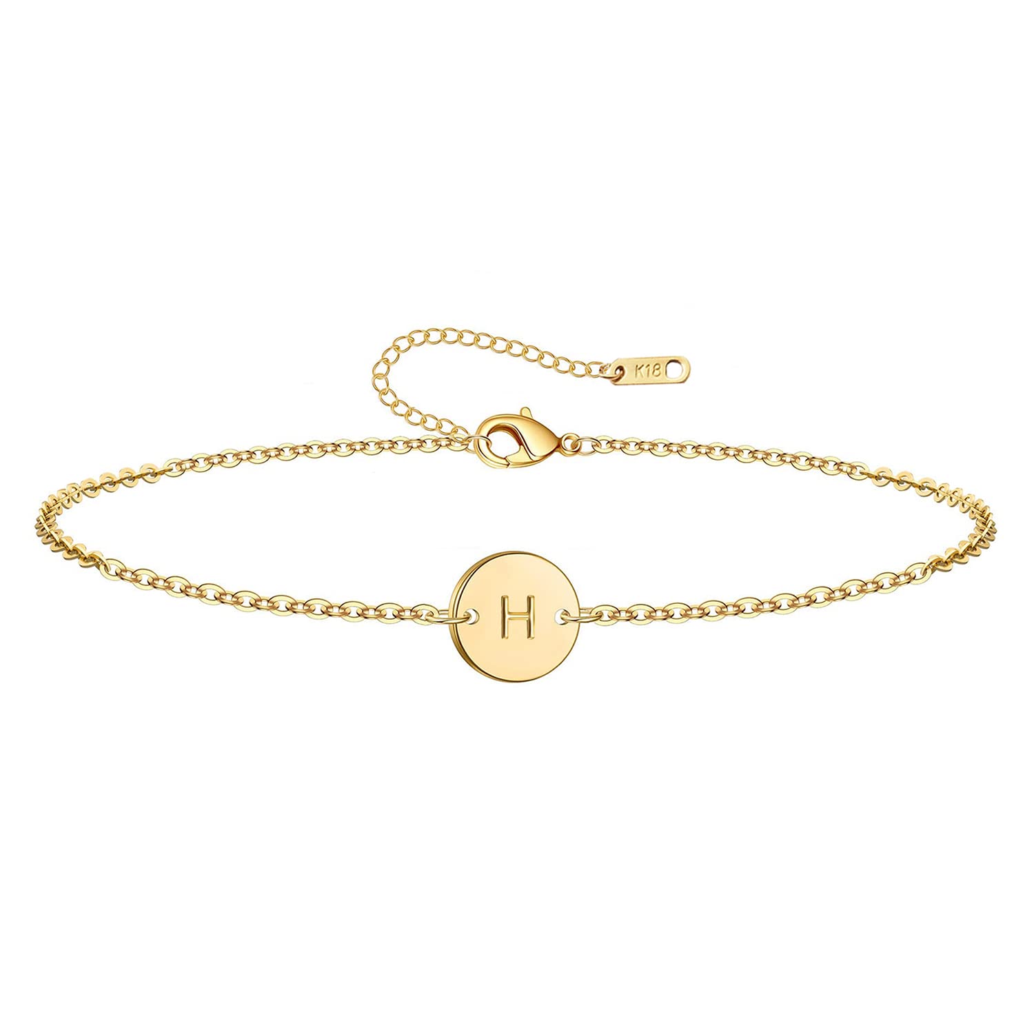 Initial Charm Bracelets 18K Gold Plated Stainless Steel Dainty Small Round Coin Disc Initial Bracelet Engraved Letters Personalized Name Bracelet for