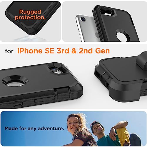 Image of AICase for iPhone SE Case 3rd & 2nd Generation with Belt-Clip Holster, for iPhone SE 2022 /2020 Case Built-in Screen Protector Heavy Duty Protective Full Body Rugged Phone Cover, Black