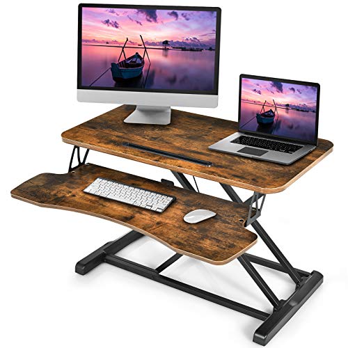 CASART Standing Desk Converter, Height Adjustable Ergonomic Stand-Up Desk Riser with Gas Spring, Lifting Table Desk Laptop Workstation for Home Office & Study (Rustic Brown, 80 x 64 x 11-50cm)