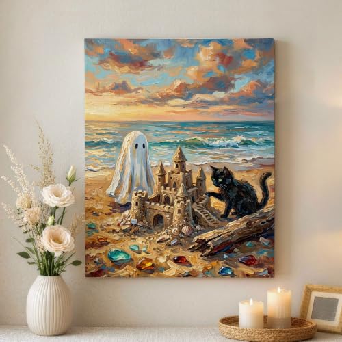 Lienzo de gato de Halloween en castillo de arena azul para dormitorio y sala, 40,6 x 50,8 cm