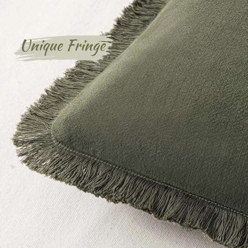 Image of MIULEE Decorative Lumbar Throw Pillow Covers Neutral Linen Fringe Throw Pillows Set of 2 Olive Green Boho Farmhouse Cushion Covers for Couch Sofa Bed Living Room Spring Home Decor 12x20 Inch