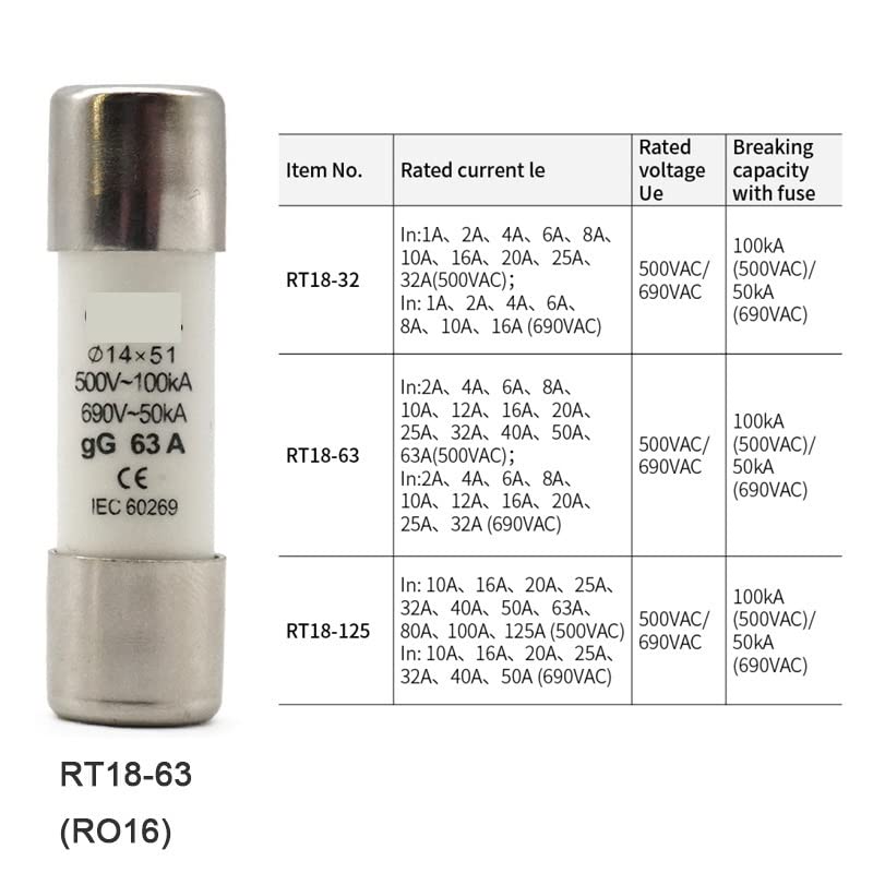 Fusibile 10 pz RO16 AC 500 V Fusibile In Ceramica Collegamento Rapido RT18-63 14X51 gG Ritaglio 2A 4A 6A 8A 10A 16A 20A 25A 32A 63A (Size : 63A)