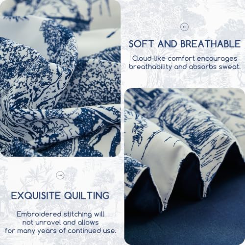 Image of DJY Navy Blue Comforter Set Queen Size,7 Pieces Bed in a Bag Botanical Comforters with Sheets Elegant Plants Print Soft Microfiber Reversible Complete Bedding Sets for All Season