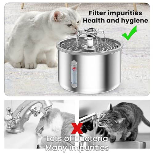 PWTAA Stainless Steel Cat Water Fountain - 2L/67.6oz Quiet Pet Drinking Fountain with Triple Filtration & Water Level Window, Hydrate Your Feline Friend, Cats Small Dogs Fountain