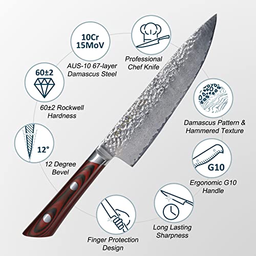 Ritsu Chef Knife, 8 Inch Damascus Chef's Knife, Aus-10 Damascus Steel Japanese Knife With Ergonomic G10 Handle, Kitchen Knife With Hammered Texture Pattern #TOP3