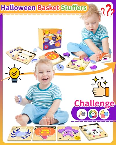 Image of Oomloid Halloween Wooden Puzzles for Toddlers, 4 Pack Halloween Toys Party Favors Boo Basket Stuffers Treats, Montessori Toys Birthday Gifts for Kids Boys Girls