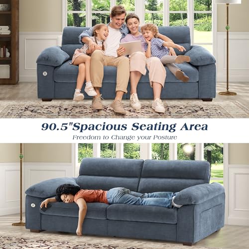 Image of WorthFurni Sofas for Living Room, Chenille Pillow-Armrest Loveseat Couch Set, Small Sofa, 3 Seater Sofa, USB Charging, Removable Sofa Cover, Solid Wood Frame, Easy to Install (90.5 inch, Blue)