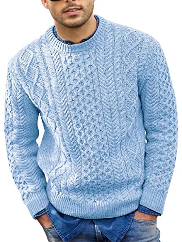Oanviso Pull à Col Rond pour Homme Basique Sweater à Manches Longues Cable Knitted Chandails Chaud Maille Pull Couleurs Solid Pull en Tricot Tressé Décontracté Automne Hiver Pullover A Bleu L Cover