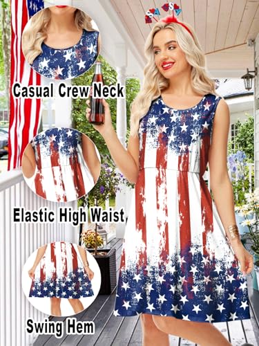 Image of Deerose 4th of July Dress for Women Sleeveless American Flag Patriotic Elastic High Waist Sundress