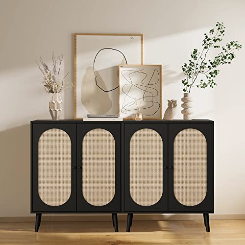 Orrd Accent Sideboard Buffet Cabinet, High Kitchen Storage Cabinet With Rattan Doors And Adjustable Shelves, Home Cabinet Furniture For Living Room, Bedroom (Black) #TOP3