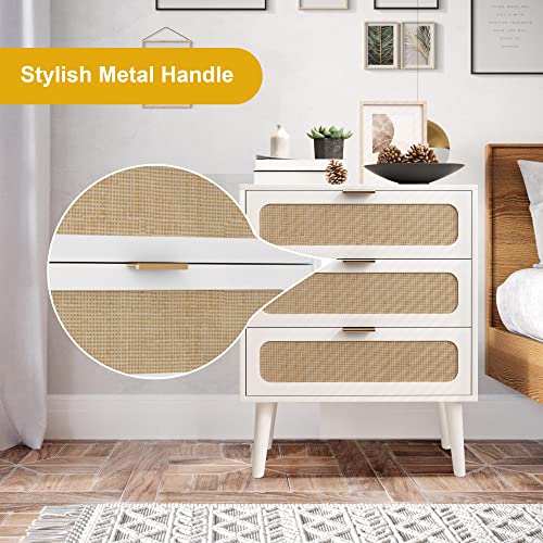 Image of QHITTY Drawer Dresser, Rattan Chest of Drawers with 3 Drawers Dresser, Accent Storage Cabinet Modern Bedside Table for Living Room, Entryway (White)