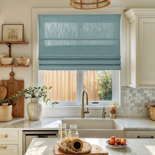 Image of TWOPAGES Isabella No Drill Cordless Roman Shade Linen Textured Cotton Roman Blind for Windows, Custom Made Room Darkening Blackout Roman Window Shade, Hardware Included, Slate Blue, 1 Piece