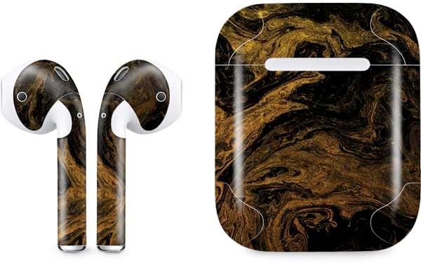 Skinit Decal Audio Skin Compatible with Apple AirPods - Gold and Black Marble Design