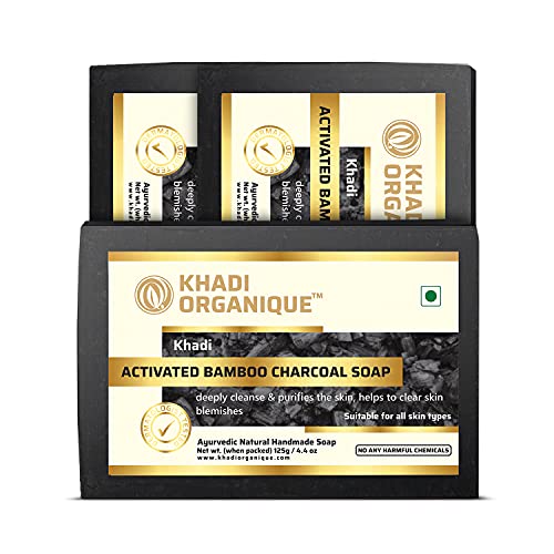 Image of Khadi Organique Natural Herbal Handmade Charcoal Soap Pack of 3 (125 gram each)