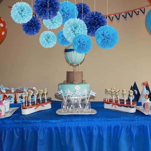 Image of 18 PCS Tissue Paper Pom Poms Flowers, Sizes 6 inch, 10 inch, 12 inch, 14 inch Hanging Paper Flower Ball for Wedding, Birthday, Halloween, Christmas, Baby Shower Party Decor (Blue Royal Blue)
