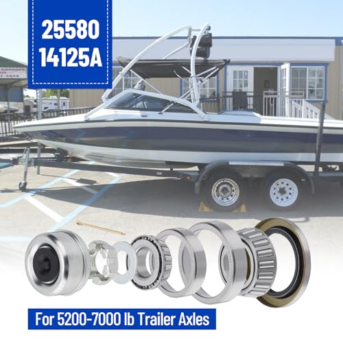 Image of 4 Sets 25580 14125A Boat Trailer Axles Bearing Kits | with Grease Seals,Spindle Nuts, 2.72 inch Dust Caps and Rubber Plugs, Cotter Pins for 5200-7000 lb.Tandem Axles #D42 Spindle