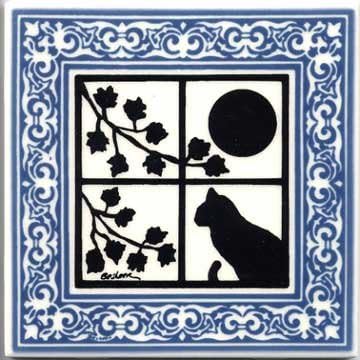 CAT Tile - CAT Wall Plaque - CAT TRIVETS with Blue Victorian Border CA5-B